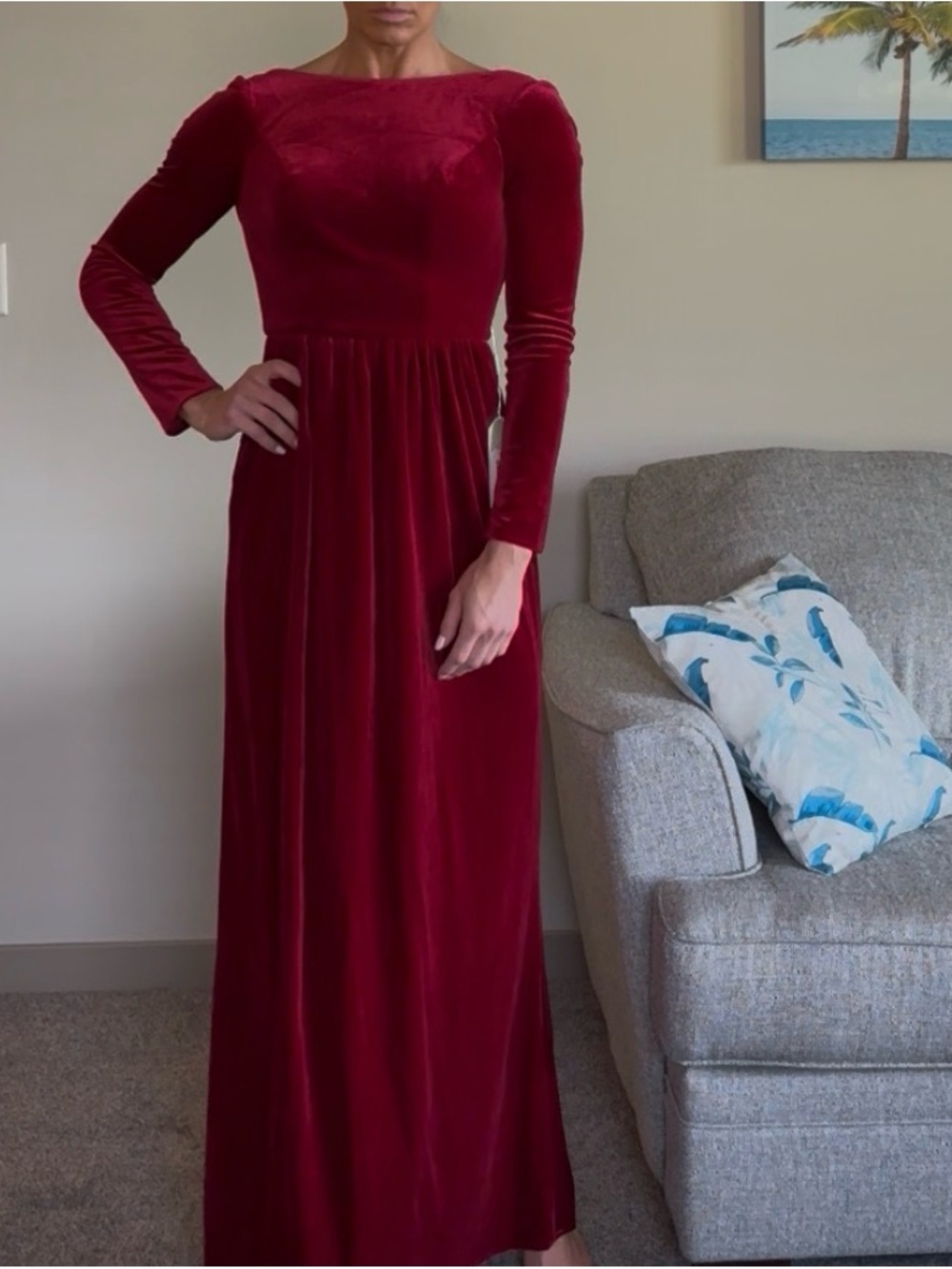 Elegant Long-Sleeve Velvet Maxi Dress in Deep Red